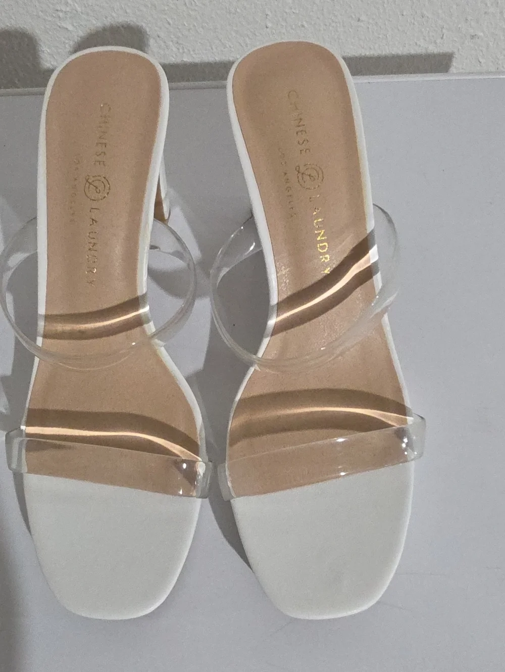 Chinese Laundry Tiffney White Heeled Sandals with Clear Straps